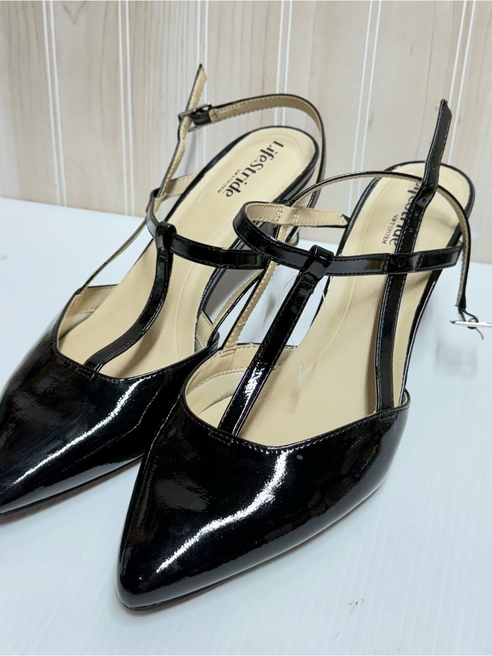 Black Patent T-Strap Pointed Toe Slingback Heels